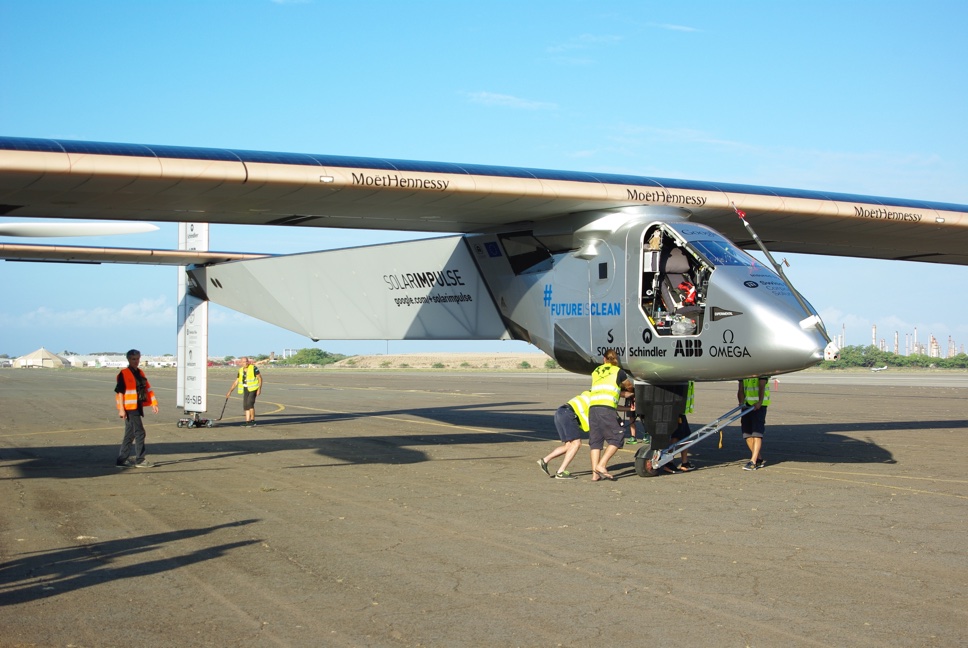Pushing the plane into the hangar