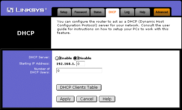 Linksys configuration screen, DHCP off