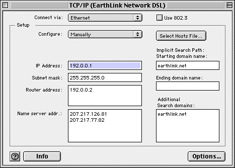 TCP/IP control panel for EarthLink DSL